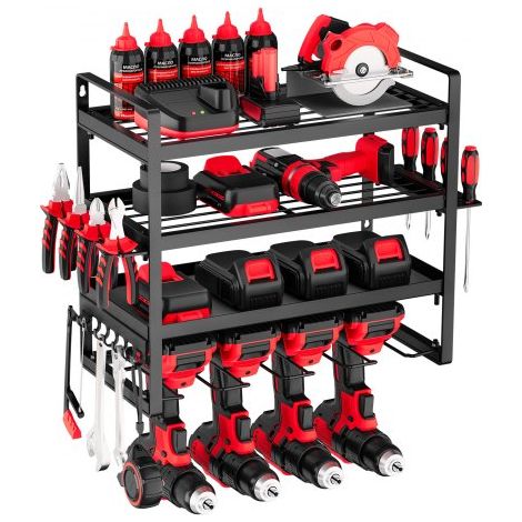 Organizador de Herramientas Eléctricas de Pared, Estante de Almacenamiento de 4 Capas con 4 Soportes para Taladros, para Garaje, Banco de Trabajo y Taller, 490 x 200 x 370 mm, Carga 60 kg (1/5)