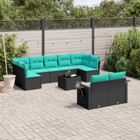 10-teiliges Gartensofa-Set mit Kissen, schwarzes Polyrattan (1/5)