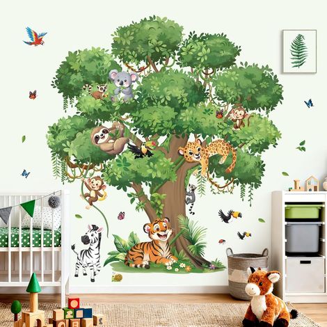 Sticker Muraux Animaux de Safari Arbre Autocollant Mural Animaux (1/5)