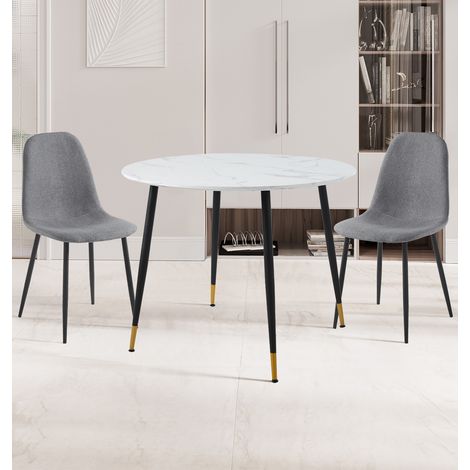Hallowood Furniture Finley Small Dining Table and 2 Chairs, Round Dinner Table for 2 with White Marble Effect Top and Dark Grey Fabric Chairs, Dining Room Sets for Home and Cafe (1/5)