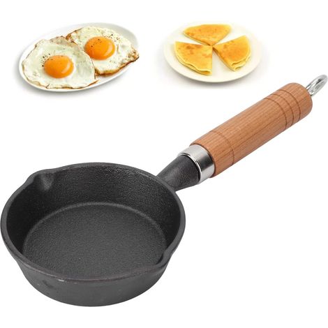 Mini poêle en fonte, petite poêle en fonte pré-aromatisée avec manche en bois pour la cuisine intérieure et extérieure en camping, 10 cm (profondeur 10 cm, manche en bois (hauteur 3 cm))