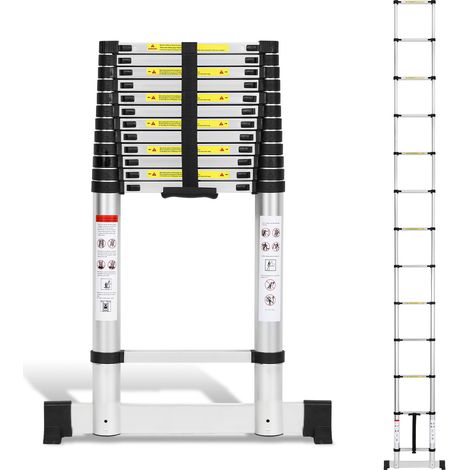 Jiubiaz Scala telescopica in alluminio argento da 4,4 m con 2 ganci e stabilizzatore, portata fino a 150 kg