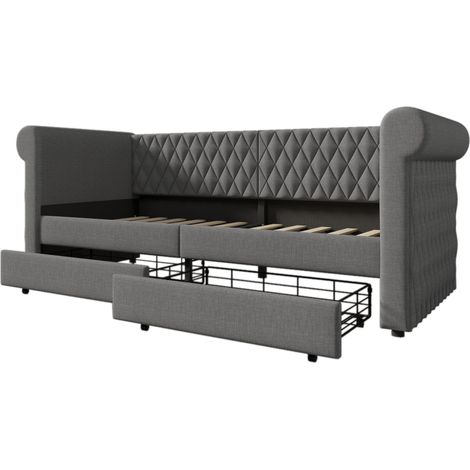 Cama de día 90x200 cm gris con 2 cajones, lino y somier de madera – MODENUIT (1/5)