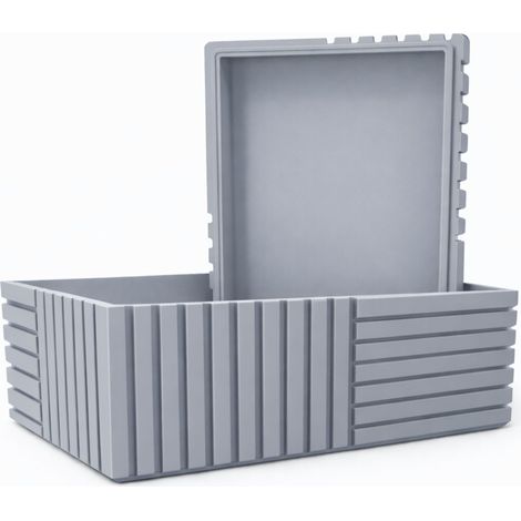 Boîte de rangement grise rainurée avec couvercle pour petits objets de bureau (1/3)