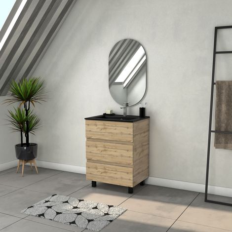 Mueble de baño 60cm con 3 cajones aspecto Roble Natural + lavabo negro y espejo ovalado