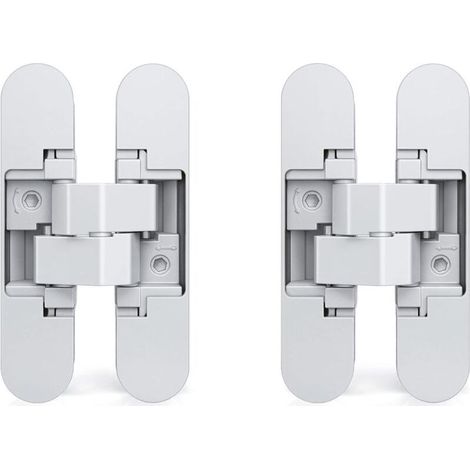 Charnière invisible pour portes, lot de 2 charnières invisibles pour portes lourdes, charge de 35 kg, ouverture à 180°, zamak, blanc. (1/4)