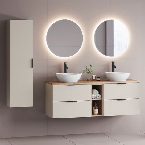 Conjunto mueble lavabo doble 140cm 2 compartimientos y columna Astrid Cachemira y madera (1/4)