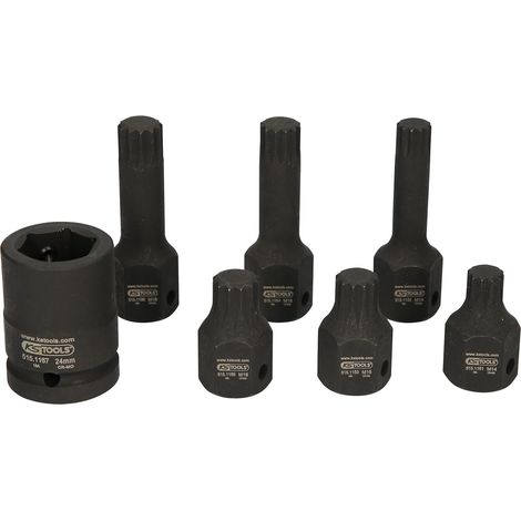 Coffret douilles à chocs 1/2" + 3/4", composé de 7 pièces, fabriqué en Chrome-Molybdène extra-fin, résistant aux températures. (1/5)