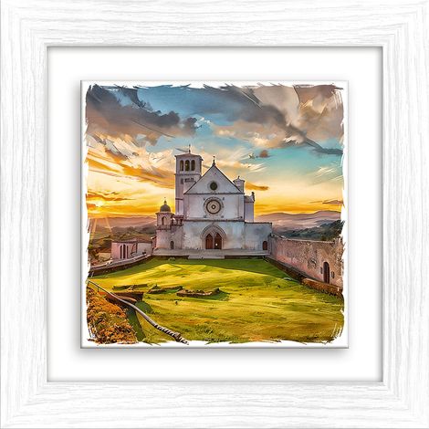 Lupia - Quadro moderno con paesaggi e localismi italiani, Ceramica e Stampa Rilievo, Cornice Legno Shabby Modern bianca, Decorazione Parete, Quadretti Soggiorno, 29x29 cm, PERUGIA CHIESA S.FRANCESCO (1/4)