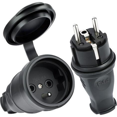 2PCS Paires de Fiches Schuko, Kit Schuko Fiche + Prise Femelle, Étanche IP44, 250V 16A Fiche Électrique en Caoutchouc Broche, fiche D'alimentation De Contact de Protection