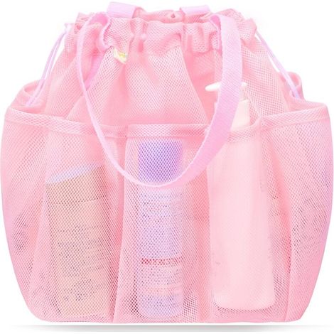 Panier De Douche Portable - Filet Avec Cordon De Serrage - 28 X 25 X 25 Cm - 8 Poches - Rose - 1 Pièce (1/5)