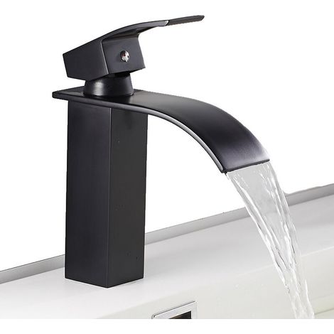 Robinet de Salle de Bain Cascade à Levier Unique Noir, Mitigeur de Lavabo Carré Laiton, Haut Mitigeur Vasque à Poser Eau Chaude et Froide