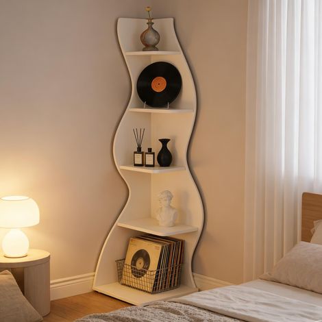 Étagère d'Angle 5 Niveaux 180cm Blanc avec Motif Seagrass Naturel (1/5)