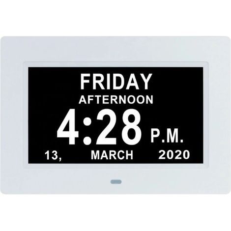 Blanc Horloge numérique 7 pouces Cadre photo numérique Horloge calendrier avec police de caractères surdimensionnée Ecran IPS Horloge numérique HD (1/4)