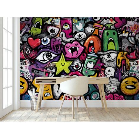Fototapete Graffiti Bunt, für Jugendzimmer, 150 x 105 cm – Komplettset inkl. Kleister & Anleitung (1/5)