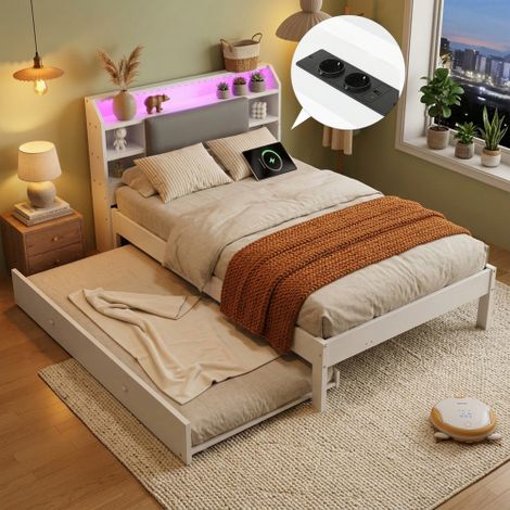Letto in legno 120x200 cm con letto estraibile 90x190 cm, letto funzionale bianco con testiera imbottita, striscia LED, ripiano testiera e stazione di ricarica, il letto estraibile può essere montato (1/5)