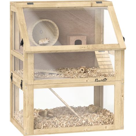 Cage hamster en bois - cage rongeur - PawHut - 3 niveaux avec fond amovible, cabane, balançoire - 60x40x75cm - finition bois naturel (1/5)