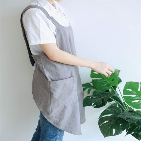 Delantal de chef para mujer de algodón puro, estilo japonés, sin lazos, ideal para cocinar y hornear. Talla grande, peto holgado, posibilidad de personalizar con logo, color gris. (1/5)