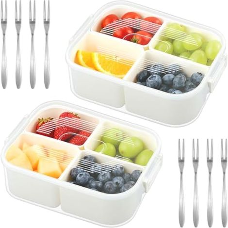 2 Pcs Snack Box Plateau de Service Divisé, Boîte à Goûter avec 4 Compartiments, Bol à Collation avec Couvercle Poignée, BoîTe à Collation Portable Pour Bonbons Fruits Noix (1/5)