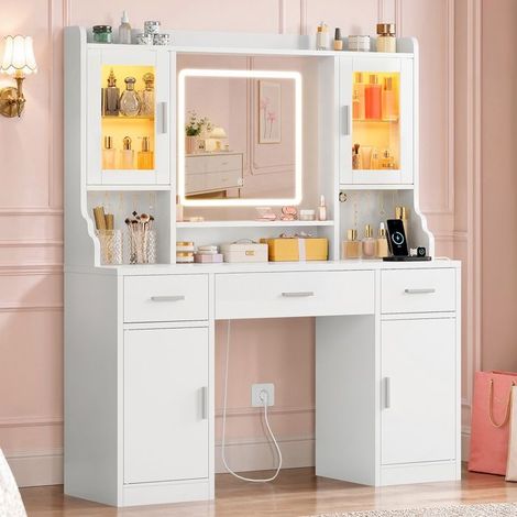 Coiffeuse - TEENFON - Miroir LED 3 couleurs - Station de charge avec prises - 3 tiroirs et 4 rangements (1/5)