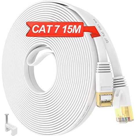 15M Cat 7 Ethernet Cable RJ45 Cable 15M Shielded Gigabit S/FTP High Speed Flat Network Cable Outdoor Weatherproof Anti-jamming Cable, Faster Than Cat6 Cat5 (15 Clips, 15 Meters) (1/5)