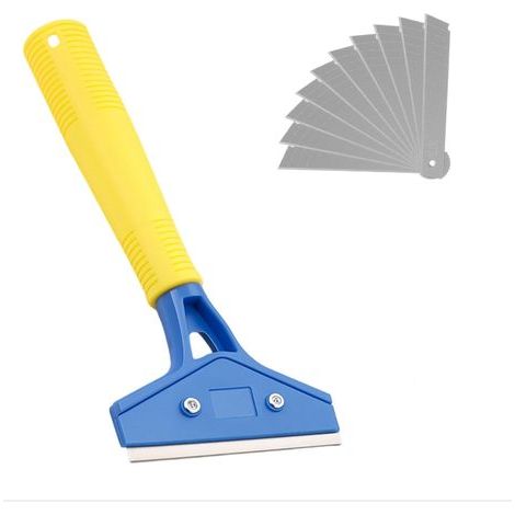 Grattoir à vitres avec 10 lames, manche de 23 cm, grattoir à peinture, lames en acier carbone de 100 mm, grattoir à plaque en acier inoxydable pour carrelage, papier peint, colle (1/5)