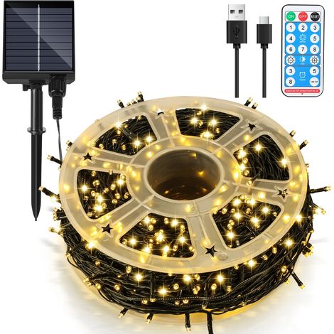 SWANEW 30M 300LED Luce solare di Natale IP44 8 modalità decorazione festiva Giardino interno all'aperto per Natale compleanno matrimonio bianco caldo (1/5)