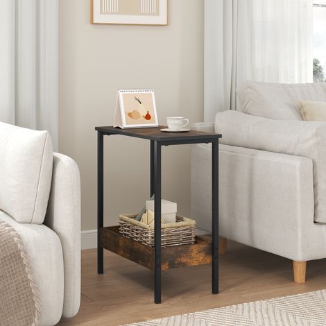 WOLTU Beistelltisch mit 2 Ablagen, Couchtisch Sofatisch mit Stauraum für Wohnzimmer Schlafzimmer, aus Metall Holzwerkstoff, 50x55x25 cm, Rustikales Braun + Schwarz