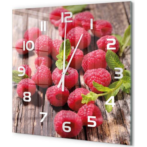 Grande Horloge Murale Carrée Décoration Cuisine en Verre Trempé Silencieuse Moderne Framboises 60x60 cm (1/5)
