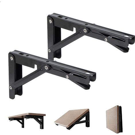 Equerre Pliable, 90 Degrés Équerre Étagère Murale, Support Console Pliable, Support Etagere Murale pour Garage Cuisine Chambre Salle, Métal, 2 Pièces, Noir (1/5)