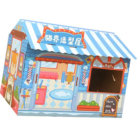 Maison à chat avec griffoir, grand espace ludique et idéal pour faire ses griffes. Griffoir en carton ondulé, style niche pour chat, design salon de toilettage. (1/5)
