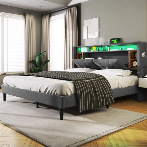 REDOM - Cama doble 160x200 cm - con cabecero de almacenaje - USB - LED - madera - gris (Sin colchón) (1/5)