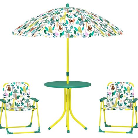 Ensemble table et chaises enfant 4 pièces avec parasol réglable, table ronde pliante et 2 chaises pliantes, set de jardin vert pour jeux dehors CHICFURN (1/5)
