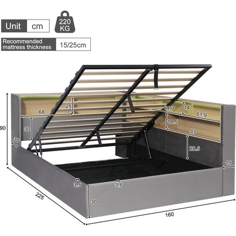 Tagesbett 140x200 cm grau aus Samt mit hydraulischem Stauraum, LED, USB-C und offenem Stauraum (1/5)