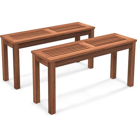 2 Pcs Patio Wood Bench 2-Person Solid Wood Bench w/ Slatted Seat (1/5)