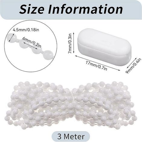3 Meter lange weiße Perlenkette mit 10 Verbindungsschnallen, geeignet für Jalousien, Rollozubehör, Sonnenschutzvorhänge und drehbare Perlenketten. (1/5)