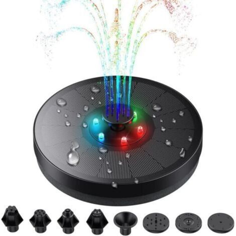 Pompe Solaire pour Fontaine avec lumières LED, Fontaine Solaire de 3W avec 7 Buses et Une Batterie de 900mAh, Pompe Solaire pour étang, Piscine, Vivier, Aquarium et Jardin (1/5)