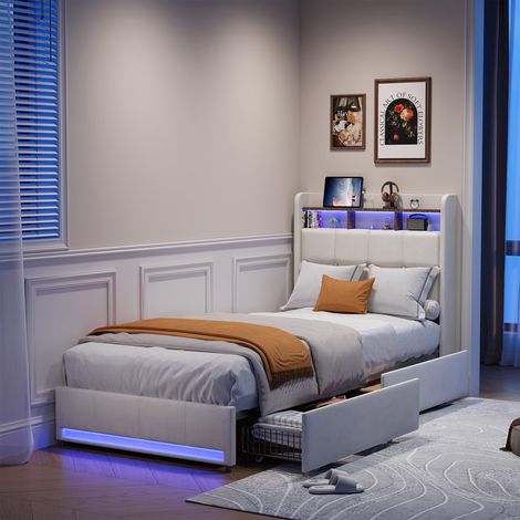 Lit enfant 90 x 200 cm Lit fille Lit rembourré Lit simple Cadre de lit avec LED,2 Tiroirs,tête de lit avec port USB/Type-C,Lin Beige (1/5)