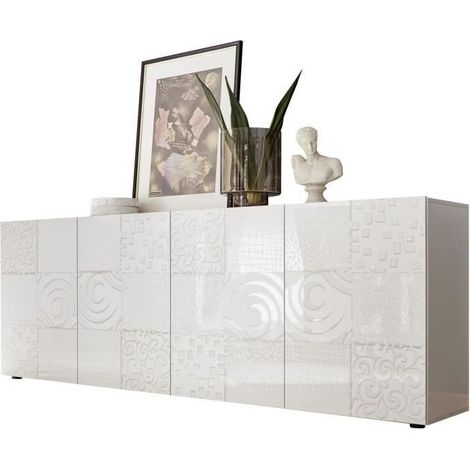 Buffet - MIRONA - 4 portes - Blanc laqué brillant avec serigraphie - 241 x 43 x 84 cm (1/5)