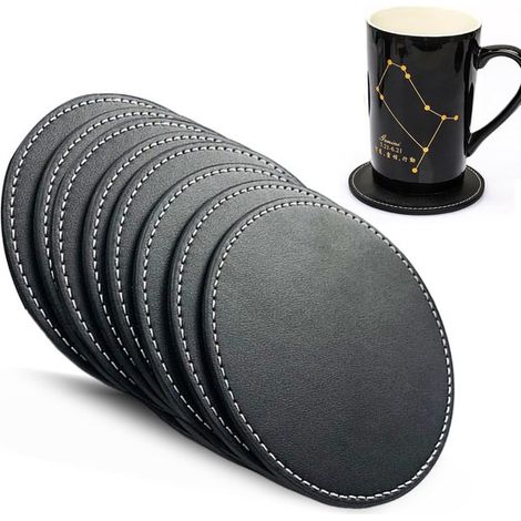 Set di 8 sottobicchieri rotondi effetto pelle (neri con cuciture bianche), 10 cm, con bordo in metallo, impermeabili e antiscivolo, ideali per tazze, bicchieri e ufficio. (1/5)