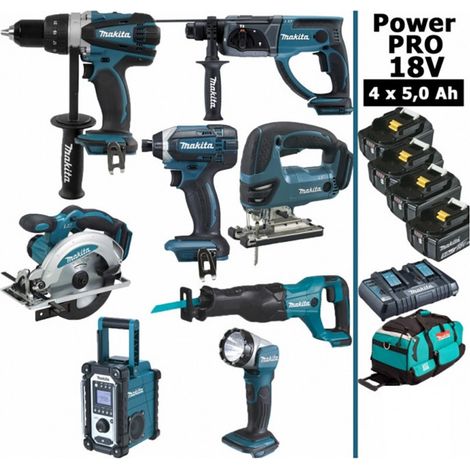 Pack Power PRO 8 outils 18V: DDF458 + DHR202 + DTD152 + DJV180 + DSS610 + DJR186 + DMR108 + DEADML802 + 4 batt 5Ah + sac (1/5)