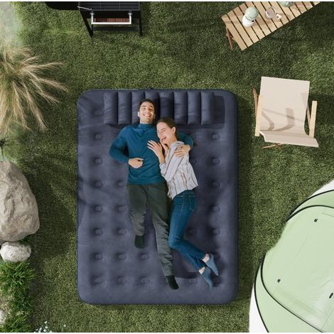 Matelas gonflable double 203x152x22 cm bleu en plastique avec pompe manuelle intégrée et 2 oreillers (1/5)