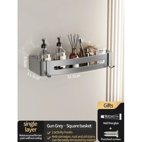(JS45carré gris) Étagère murale en aluminium pour salle de bain, porte-shampoing, rangement et organisateur de cuisine. Installation sans perçage. (1/5)