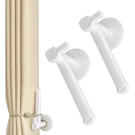 Lot de 2 supports de rideau autocollants, embrasses réglables sans perçage, crochets muraux multifonctions en métal pour rideaux et rangement, blanc (1/5)