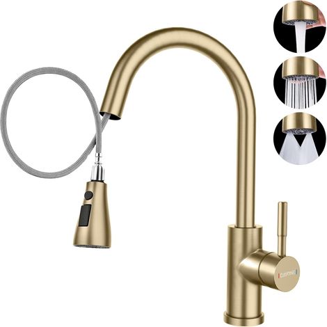 Janlemny Elegant Brushed Gold Single Handle Kitchen Mixer Tap with Pull-Out Spray, SUS304 Stainless Steel 3-Function Mixer with 360° Swivel High-Arc Spout