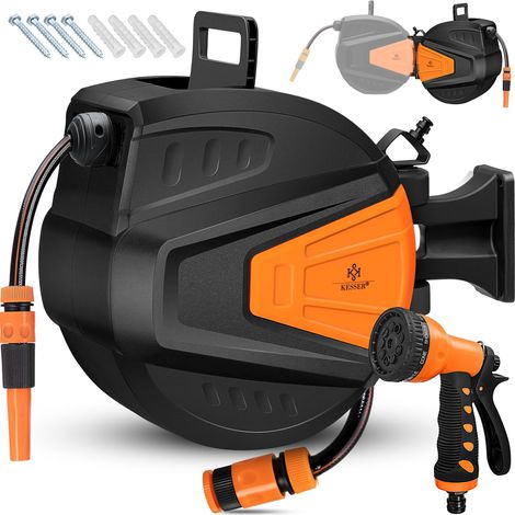 KESSER® Avvolgitubo Avvolgitubo per acqua Incl. distributore a 2 vie + doccia multimano Avvolgitubo per acqua Automatico Orientabile a 180° Supporto a muro 30 metri / Arancione