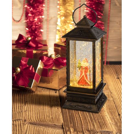 Lanterna rettangolare plastica marrone brunita glitter led bianco caldo scintillante a batteria ip20 portatile 10.5x10.5xh.27.5cm Peraga Christmas (1/5)