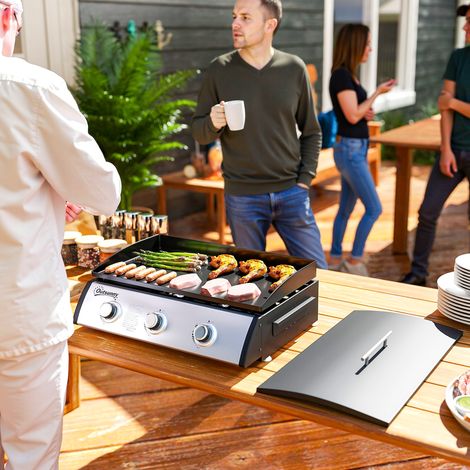 Plancha gaz 3 brûleurs 7,5 kW, noir, 63 x 47 x 25 cm, plaque cuisson 61 x 35,5 cm avec couvercle, pour propane ou butane (1/5)