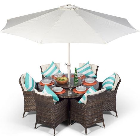 Savannah Round 6 Seater Rattan Patio Dining Set - Brown (1/5)