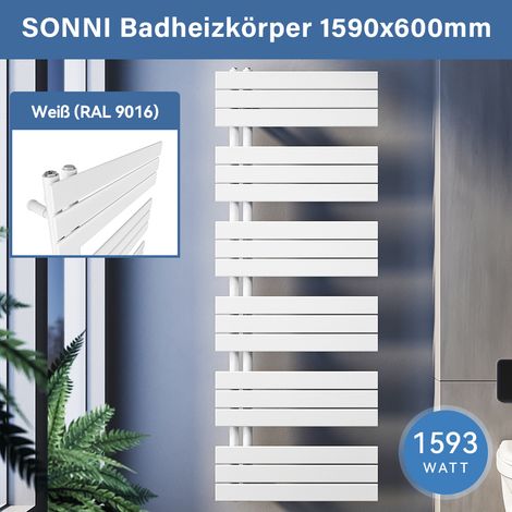SONNI Design Heizkörper Flach 1590 x 600 mm Badheizkörper Mittelanschluss seitlich Handtuchtrockner Bad,770 Watt weiss